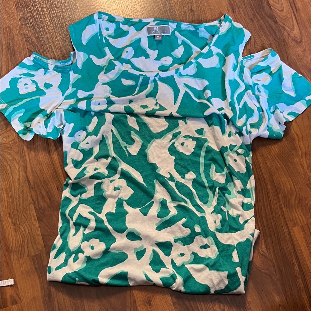 JM Collection Teal and White Floral Blouse